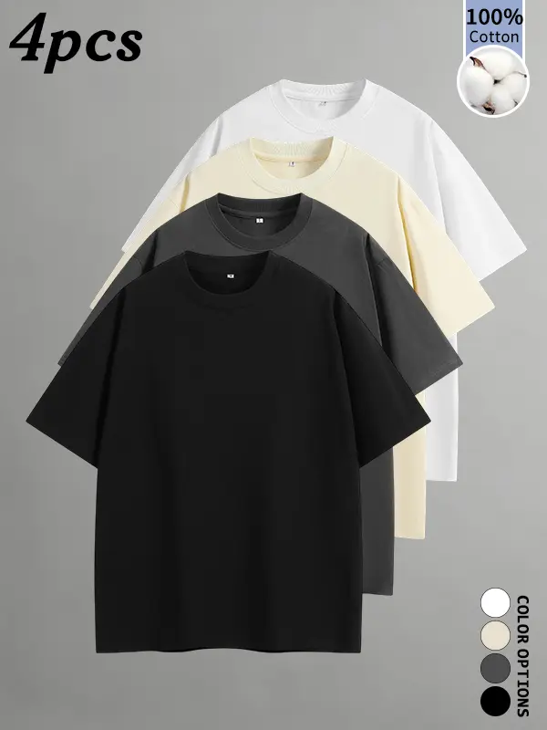 4-pack men’s pure cotton short sleeves for summer, 100% cotton fabric that absorbs sweat and is breathable, resists pilling even after prolonged wear, loose casual fit that’s versatile—ideal for daily commuting, street casual style, and home wear.