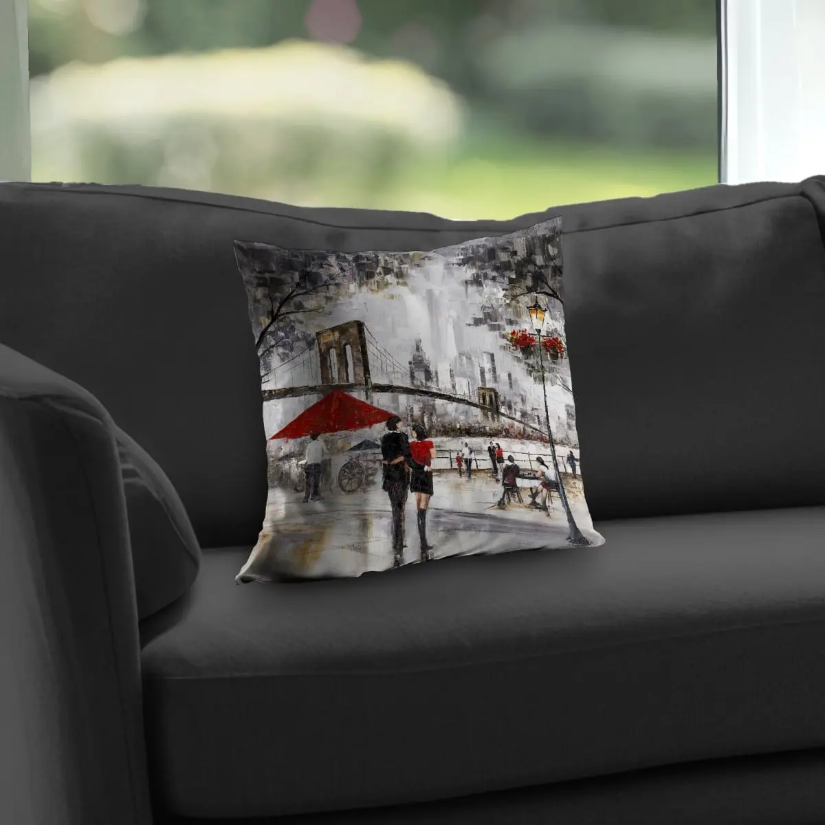 360 Stand Durable Poly Twill Throw Pillow, 14x14 in., Couple Design with NYC Backdrop, Artistry-Infused Urban Elegance Romantic Bedroom Accessory - Textiles & Soft Furnishings, Bedding Linens, Pillows & Bed Wedges, Art-Inspired Standard Pillows