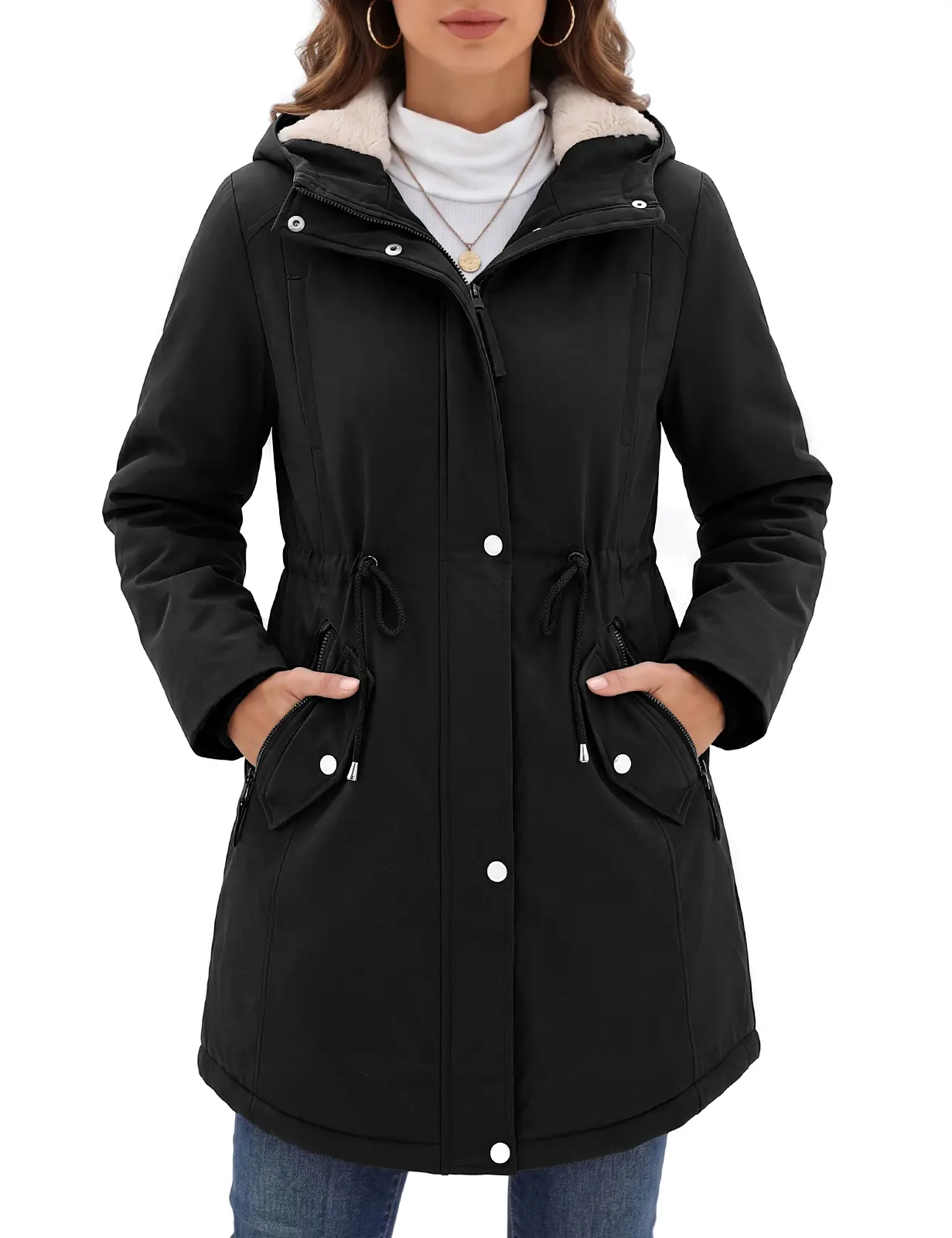 FASHORA Women's Fleece Thick Waterproof Rain Jacket Parka Jacket Women Waterproof Fleece Lined Hooded Warm Winter Coat with Pockets for Daily Commute & Outdoor