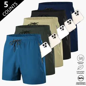 5-pack men’s summer lightweight breathable shorts with drawstring tie and zippered pockets; suitable for everyday wear and sports, ideal for beach vacations. Men's Casual