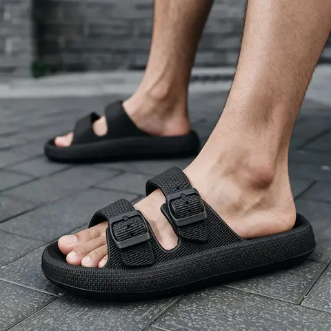 Men's Plus Size Thick Memory Foam Classic Soft EVA Chunky Slide Slipper Shoe - Flat Heel, Impact-Cushioned, Open Toe, Non-Slip, Odor-Resistant, Slip-On, Strap-Stays-Put, Vertical Stripes, All Seasons, Beach-to-Home, Indoor/Outdoor Use
