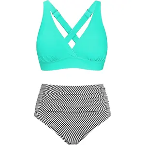V Neck Push Up Criss Cross Bikini Sets for Women High Waisted Tummy Control Swimsuit