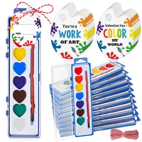 [Valentines Idea] 24 Sets Watercolor Paint Sets Mini Water Color Paints with Valentine Card Heart Shaped Paint Sets for Valentine's Gifts Art Party Favors End of Year Gifts Birthday Classroom Gifts Art Supplies for Beginner Painting