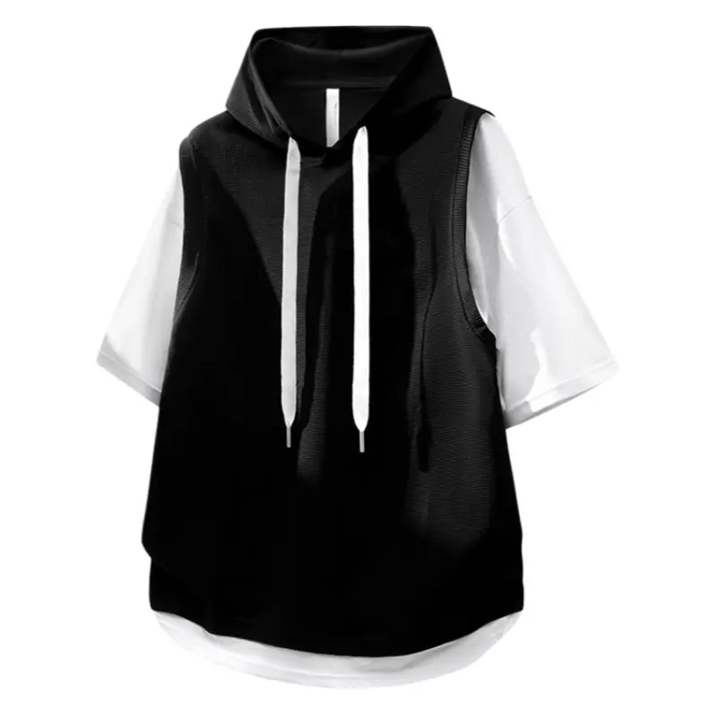 Men's Casual Stylish Hooded T-Shirt - Waffle Knit Half-Sleeve Menswear Top, Japanese Streetwear Style, Loose Fit, Breathable for Summer, Sweatshirts