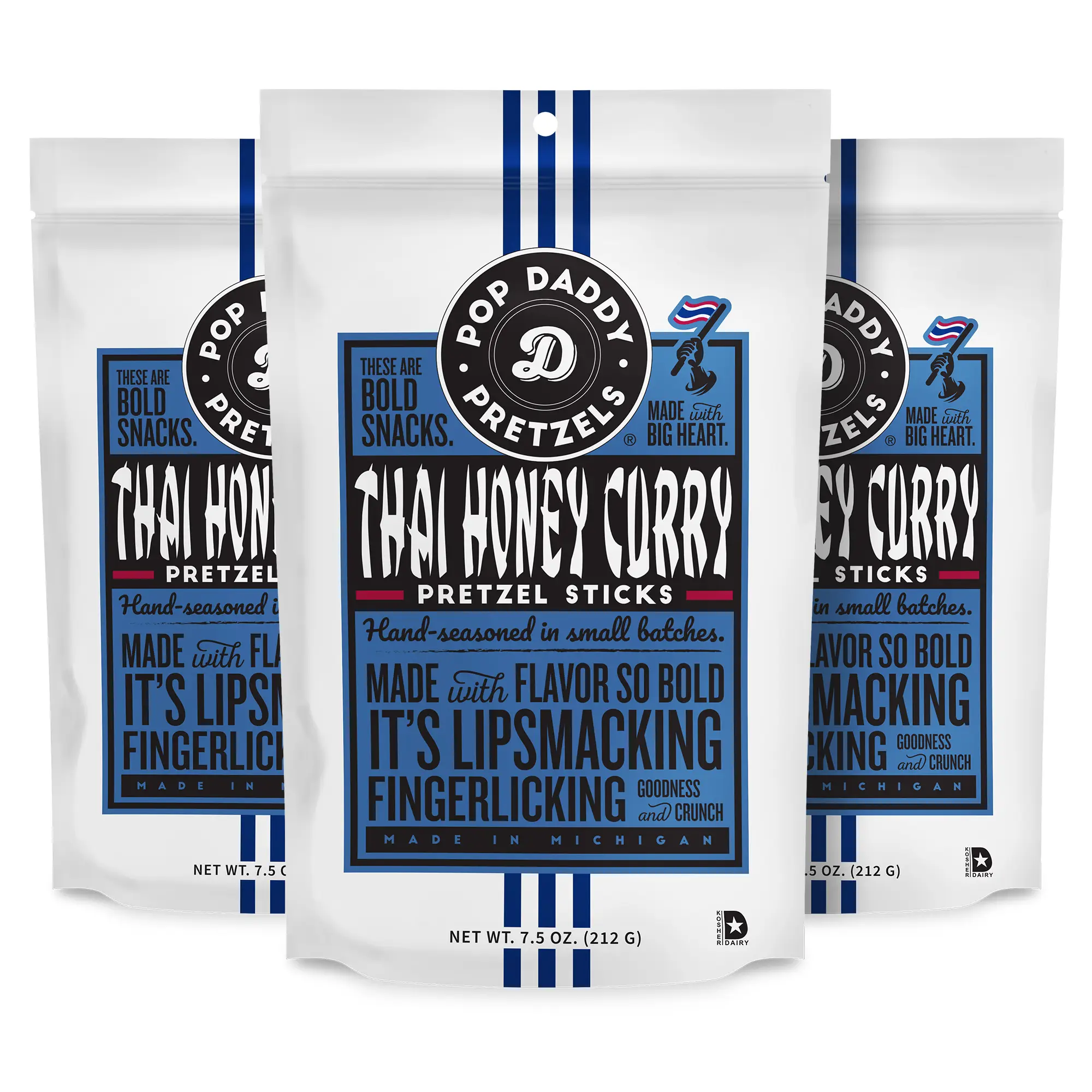 Pop Daddy Flavored Pretzels Sticks | Healthy Gourmet Pretzels Snacks | 7.5oz Individual Bags | 3 Pack | Thai Honey Curry