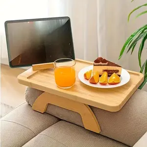 Bamboo Sofa Tray, Foldable Sofa Tray Table, Clip on Side Table, Creative Wooden Home Foldable Tray, Snack & Drink Holder with Phone Tablet Stand