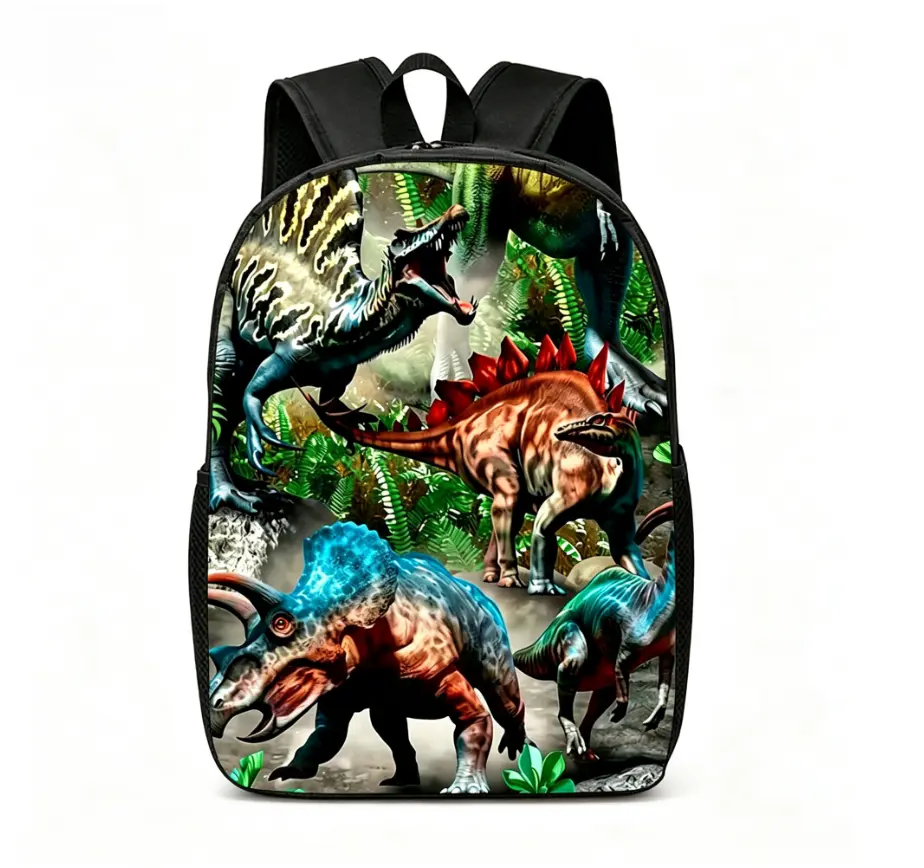 17-Inch Jurassic Dinosaur Print Unisex Backpack, Large Capacity School Daypack with Zip Fastener, Side Pockets for Casual Use, Travel & Hiking