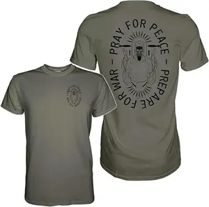 Combat Iron Men’s Graphic Short Sleeve T-Shirt | Pray for Peace, Prepare for War Mens Athletic Novelty Tee| Military Green