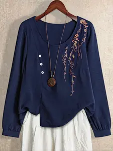 Elegant Plus Size Women's New Loose Shirt, Casual Leaf Embroidery Round Neck Long Sleeve Blouse, Stylish and Comfortable Fashion Top