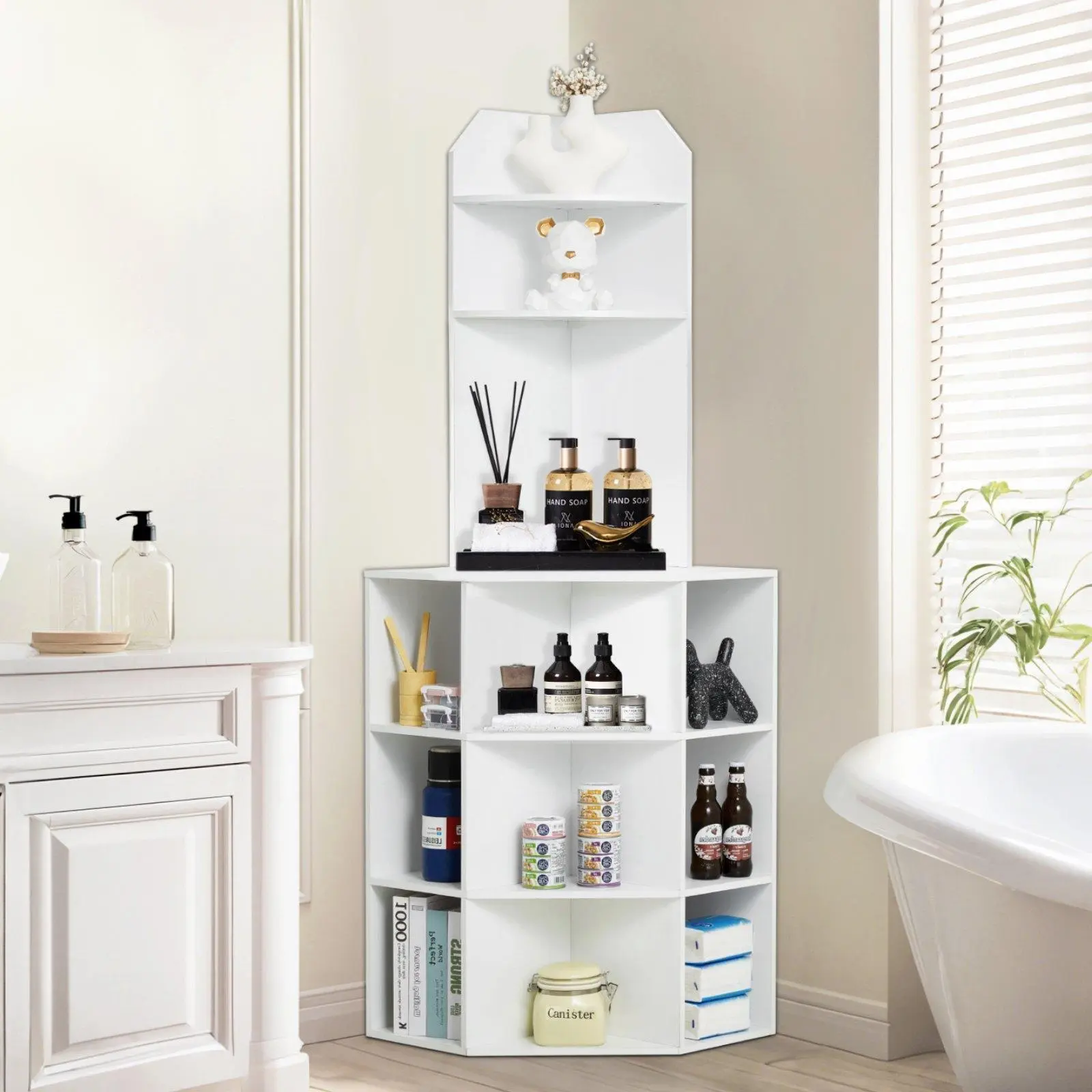 VEVOR 64" White Corner Storage Cabinet with Charging Station, Adjustable Shelves, Room Decor, Father's Day Gift