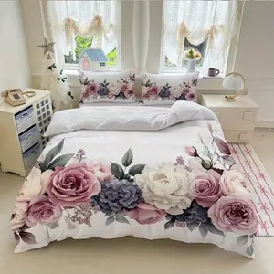 3-Piece Floral Bedding Set, Includes & Roses and Hydrangea, Contains 1 Fitted Sheet and 2 Pillowcases, Bedroom Decor, Decorative Bedding Set