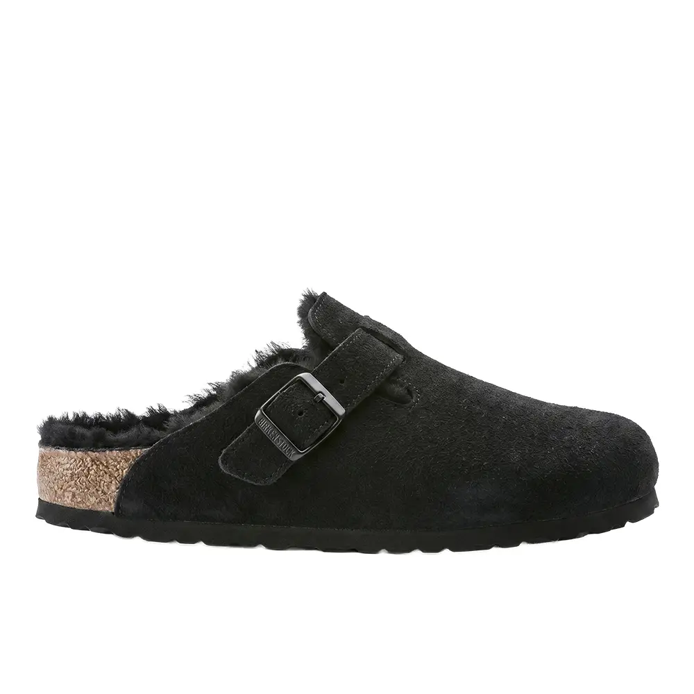 BIRKENSTOCK Womens Boston Shearling Suede Leather Clogs Casual - Black