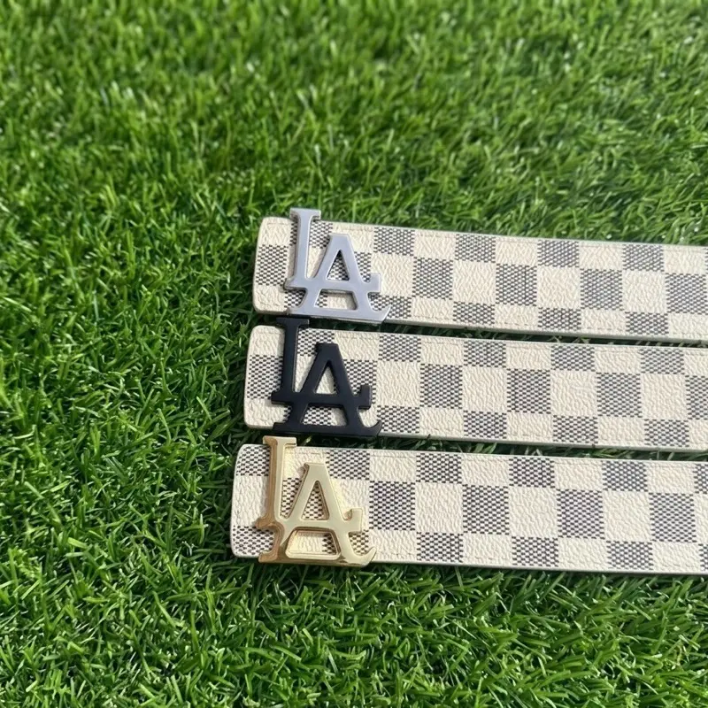 Beige Checkered LA Logo Belt – Adjustable Fashion Waist Belt (28–38) Streetwear Y2K Aesthetic Daily Wear