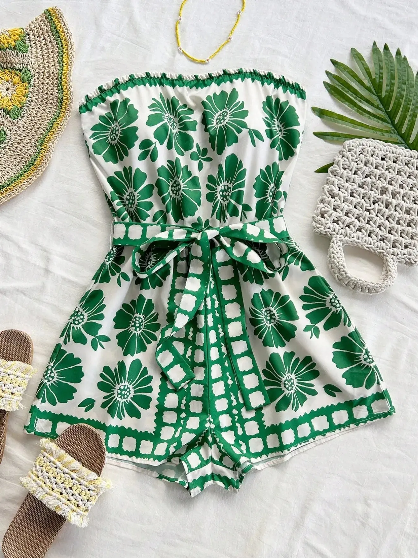 Printed Tube Tie Waist Romper