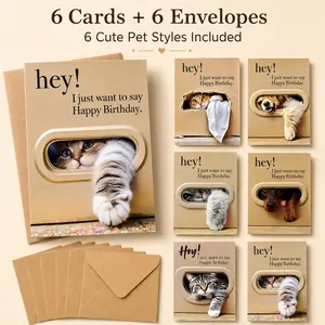 Cute Pet Pattern Birthday Cards with Envelopes, 6 Count Creative Birthday Greeting Cards, Fun Party Cards, Birthday Gift for Friends & Family, Party Supplies, Custom Message Cards