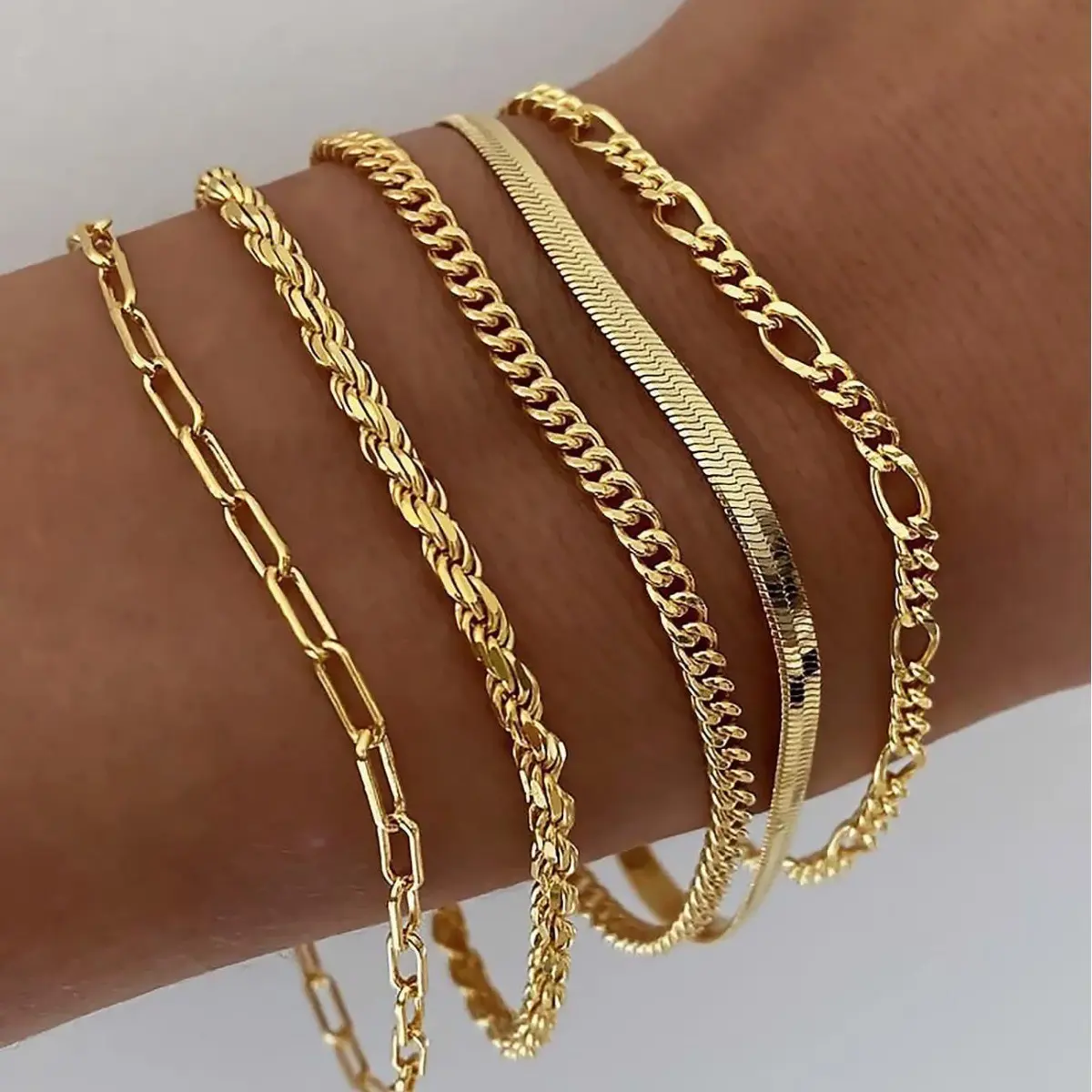 Women's 5Pcs Gold/Silver Stackable Chain Jewelry Set - Adjustable Link, Paperclip Chain Styles, Non-Tarnish Layered Costume Jewelry, Adjustable Link Bracelet, Link Bracelets