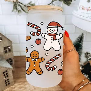 Gingerbread Man Cookies Glass Cup, Holiday Snow Man Iced Coffee Glass Tumbler with Bamboo Lid and Straw