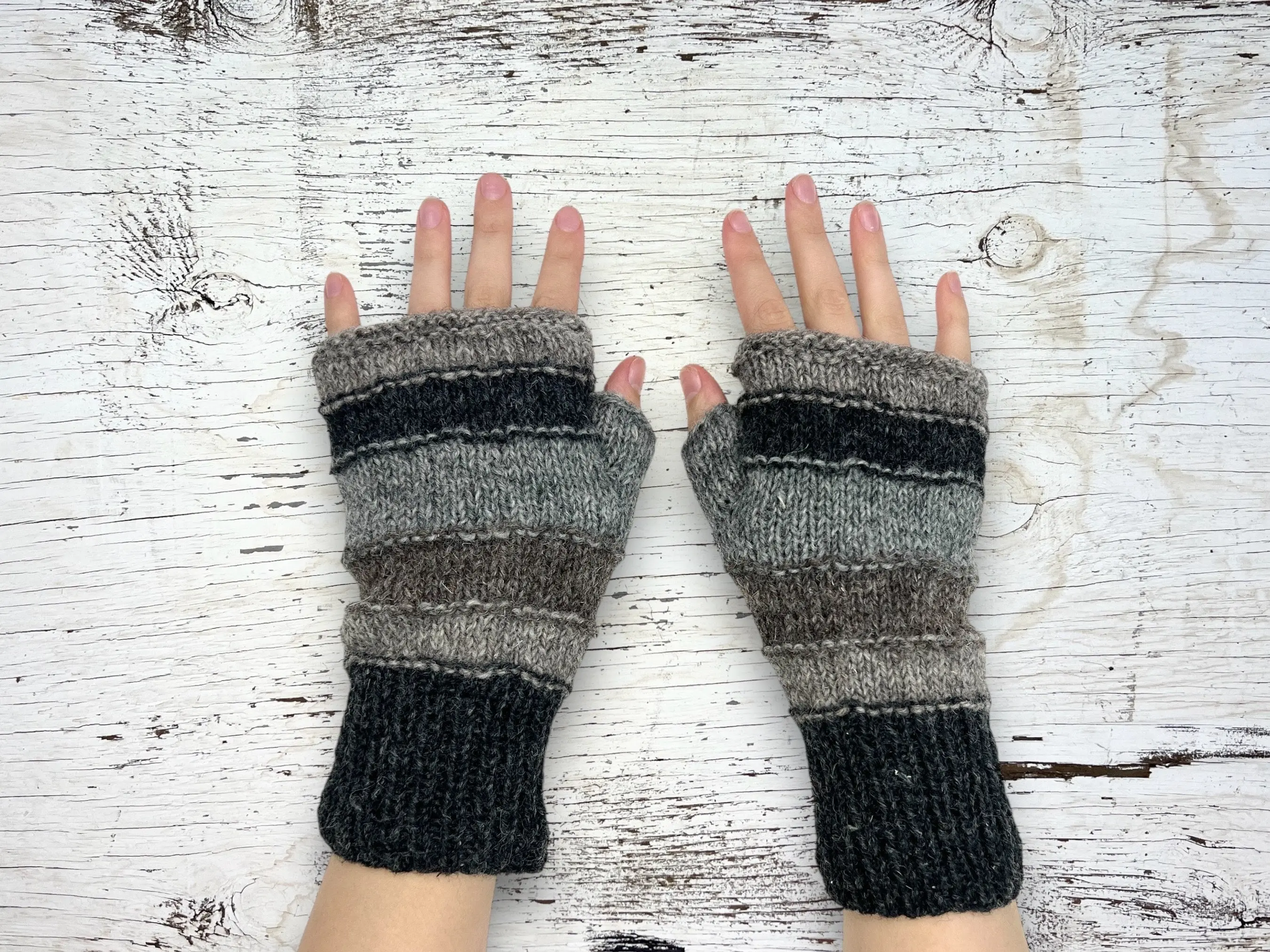 Hand Knit Gray Stripe Fingerless Gloves Wool Texting Mittens Fleece Lined Winter Womens Ladies Christmas Birthday Gift