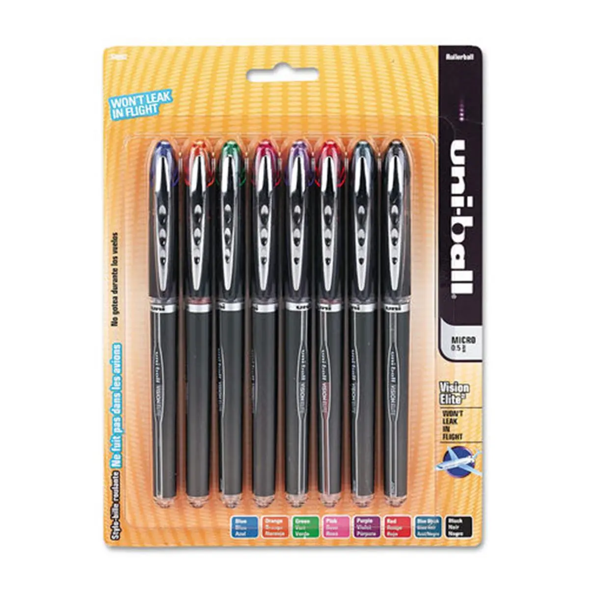 Uni-Ball VISION ELITE Conical Tip Roller Ball Pen, UBC58092PP Model, 0.5 mm Micro Tip, Uni-Flow System, Waterproof Blue Black Assorted Ink, Black Barrel with Metallic Accents, Refill-Compatible Office Writing Tool, 0.5 Mm Pen, Smooth Writing