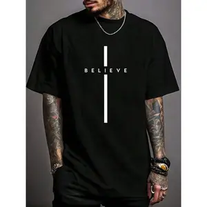 Believe Cross God Jesus Easter Christian Religious Men Women Print T-Shirt Casual Crew Neck Short Sleeve Black Stretch Soft Cotton Graphic Tees for Summer