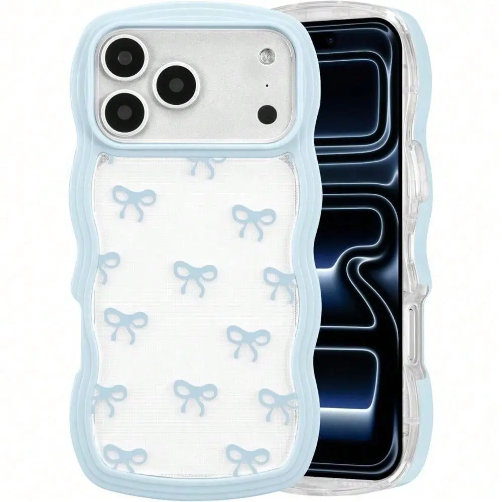 Blue Bow Case for IPhone 17 Pro Max/17 Pro/17 Air/17/16/15/14/13/12, Clear Cute Ribbon Bow Phone Case Curly Wavy Aesthetic Phone Cover, Slim Soft Transparent Shockproof Protective Cover for Women Girls