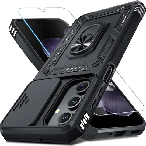 Compatible with Samsung Galaxy A16/A17/A37/A57 5G Rugged Phone Case – Full Body Heavy Duty Shockproof Protection with Built-in Slide Camera Lens Cover, Screen Protector, 360° Finger Ring Kickstand, Military Grade Drop Resistant Protective Cover