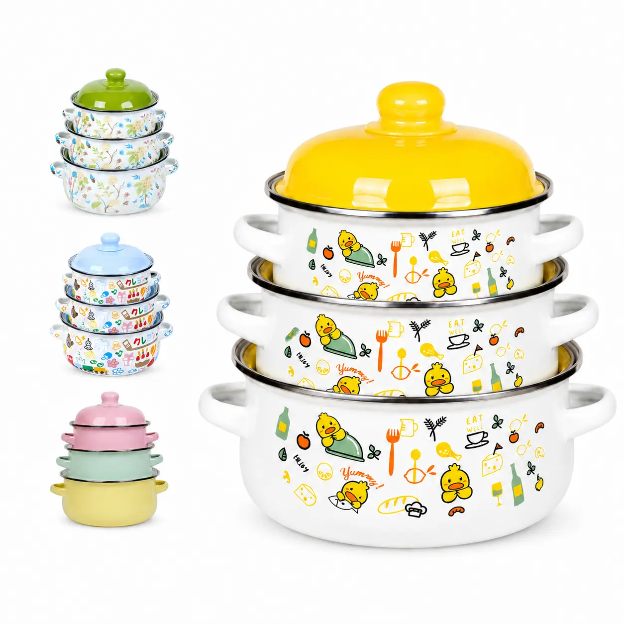 3 Sizes Cute Cartoon Printed Enamel Soup Pot Set, Double Handle Food-Safe Non-Toxic Enamel Cookware, Induction Stove Compatible Mini Pot for Soup Stew Baby Food Single Serving Cooking cauldron cooking pot