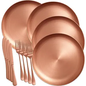 Rose Gold Stainless Steel Dinnerware Set – 12-Piece Elegant Plates, Forks & Knives for Home & Outdoor – Durable, Rust-Resistant, Lightweight, Travel-Friendly, Dishwasher Safe