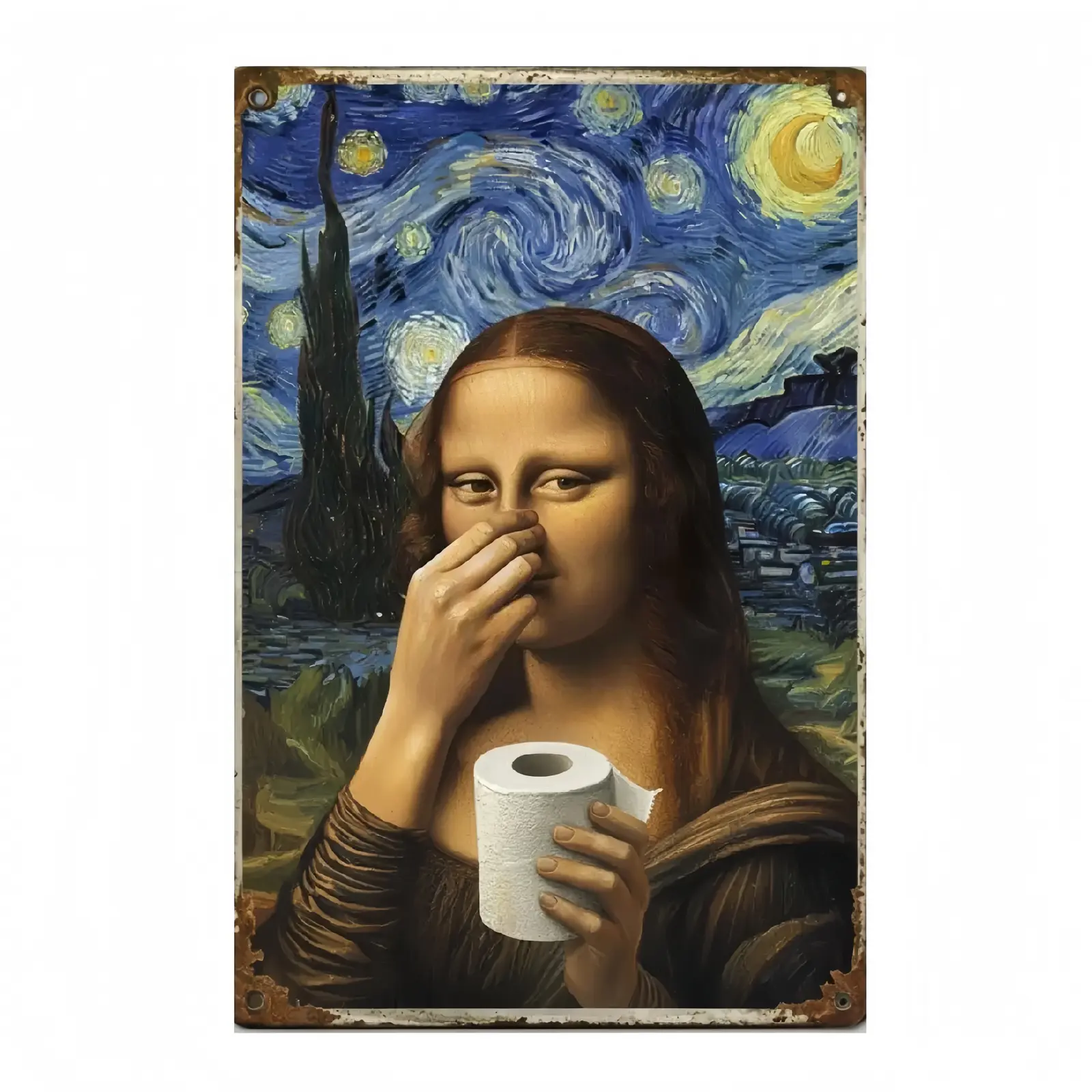 Mona Lisa 8x12 in Rectangle Metal Bathroom Toilet Sign, Da Vinci-Inspired Rustic Plaque, Funny Nose-Pinching Stink Humor Home Decor Wall Art for Balcony Wardrobe