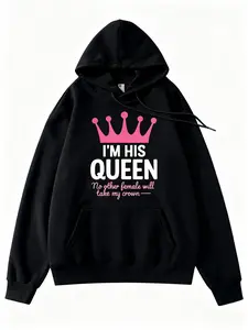 Women's Romantic Crown Print Hoodie | "I Am His Queen" Couple Hoodies | Suitable for Valentine's Day & Anniversaries | Sweet Love Theme Pullover | Comfortable & Breathable Couples Wear | A Must-Have for Romantic Outfits beachy hoodie