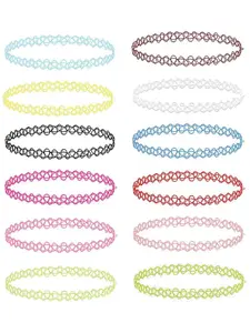 12PC Tattoo Choker Necklace - 90s Accessories 2000s Jewelry Love Necklace Y2K Fashion Vintage Trendy - Pink Blue Green Colorful Rainbow Goth Black - Stretchy Elastic Necklace Layered Acrylic Necklace