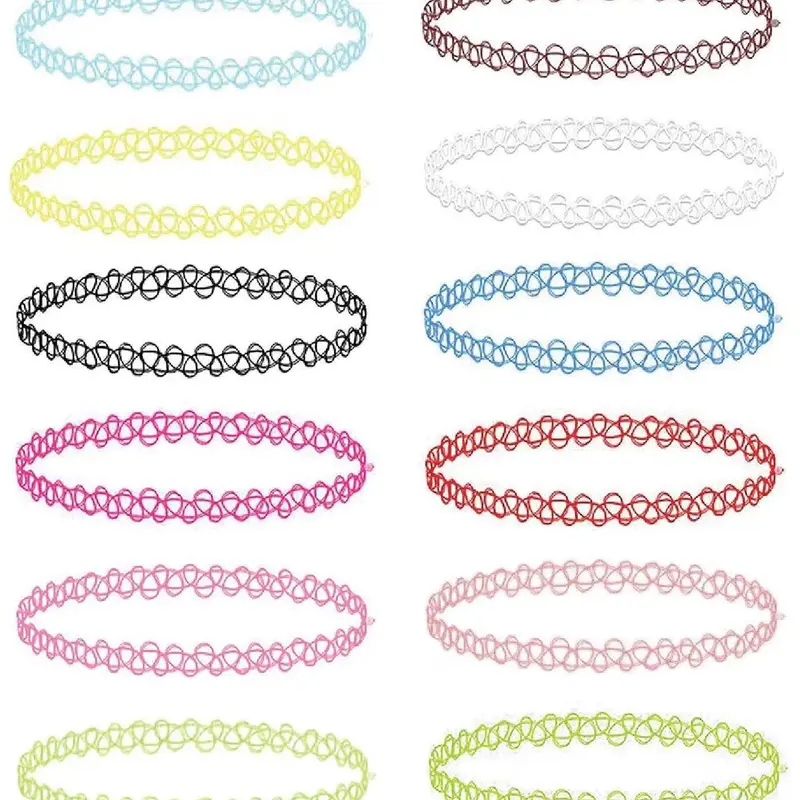 12Pcs Y2K Tattoo Chokers, Chain Choker, 90s Accessories, Vintage Trendy Fashionable Jewelry, Multiple Colors Available, Stretchy Necklaces, Layered Acrylic Necklaces, Fashionable Accessory