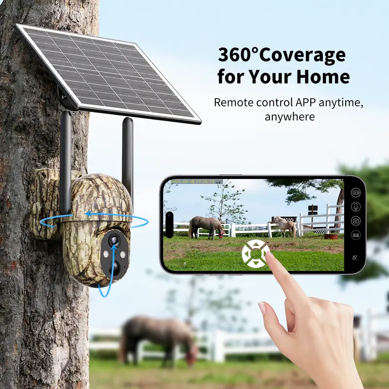 [TechVibes]Solar Outdoor Surveillance Camera, 4G LTE No WiFi Needed, 2K Full Color Night Vision, 360° View, AI Human Detection, IP65 Waterproof, Activate-Required Unlimited Data, Wall Mount, Outdoor Gadgets