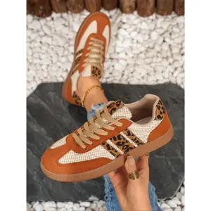 Women'sBrown&Leopard-PrintColor-BlockLace-UpSneakers,Mesh&SuedeCasualWalkingShoes,StylishDailyCommute&OutdoorEventFootwear,ComfortableLightweightFashionTrainers,VersatileAll-MatchLeisureShoes,Non-SlipGum-SoleTrend