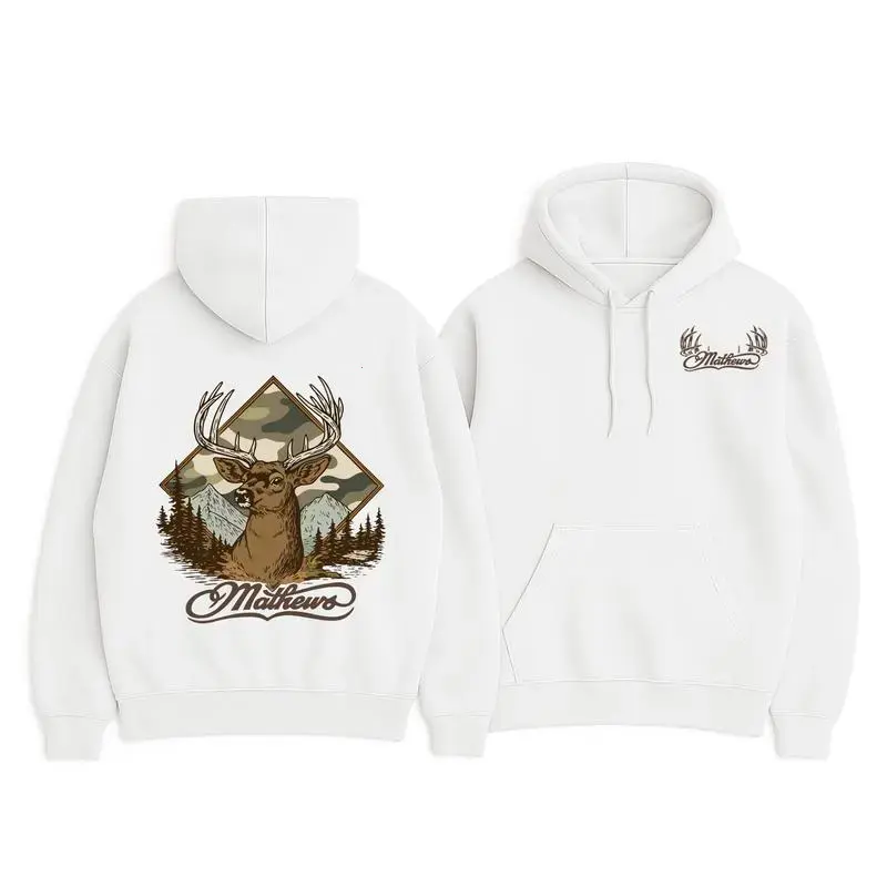 Mathews Mountain Buck Camo Pullover Hoodie, Menswear Long Sleeve Tops, Unisex Casual Hunting Graphic Shirt with 2-Side Mountain Deer Bowhunting Design, Outdoor Hunter Outfit
