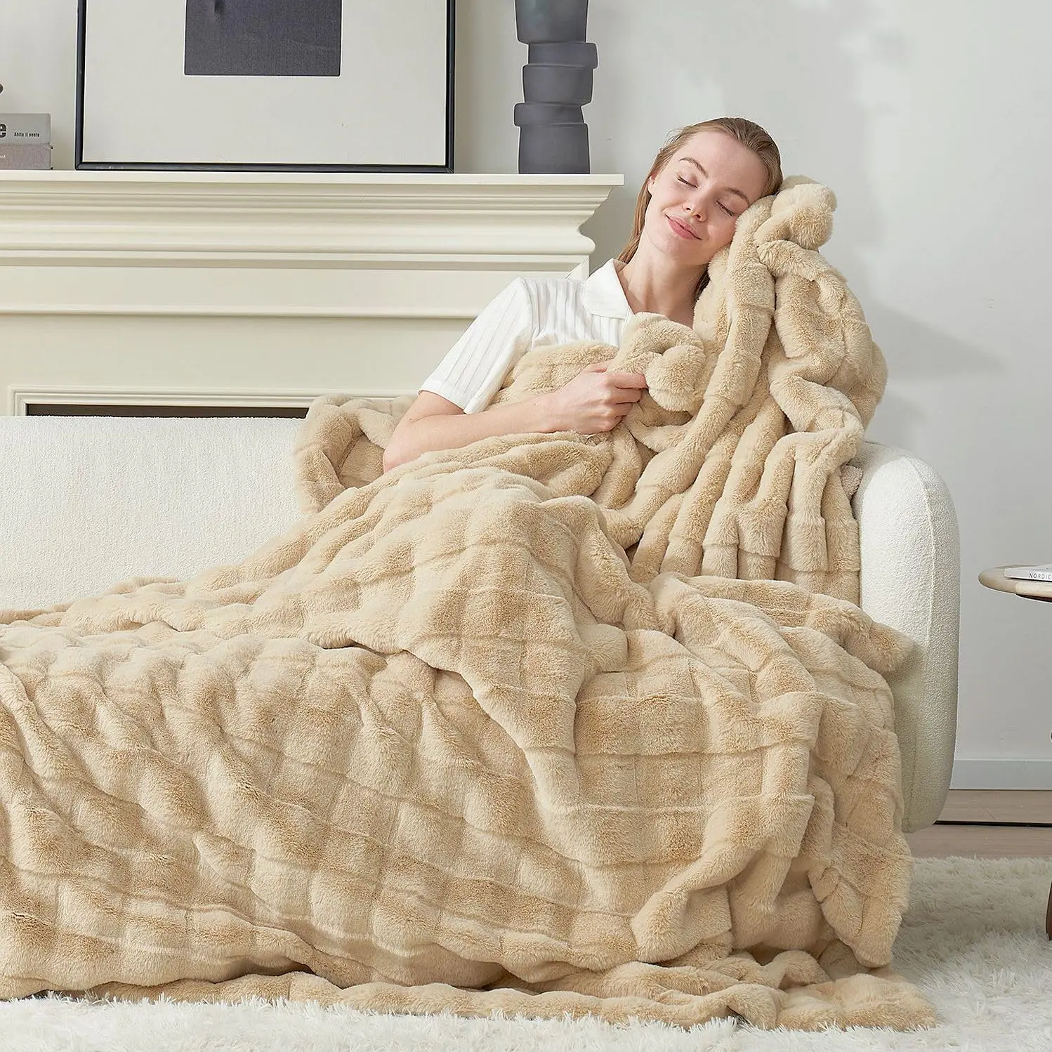 Fluffy Faux  Throw Blanket for Couch,Warm  Soft Beige Throw Blankets for Sofa Bed Living Room,50x60 Inches
