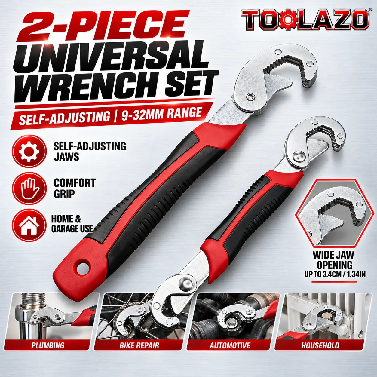 TOOLAZO 2-Piece Self-Adjusting Universal Wrench Set, 9-32mm Adjustable Spanner Tools with Comfort Grip Handles for Plumbing, Bike Repair, Automotive, Garden, Household & DIY Projects