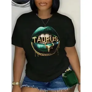 Women's Black Taurus Zodiac Print T-Shirt - 180g Cotton Graphic Tee, Trendy Round Neck Short Sleeve for Astrological Enthusiasts, Chic Fashion Style with Statement Green Lips Design, Casual Comfortable Fit, Summer Wardrobe Essential, Ideal Gift for Astrol