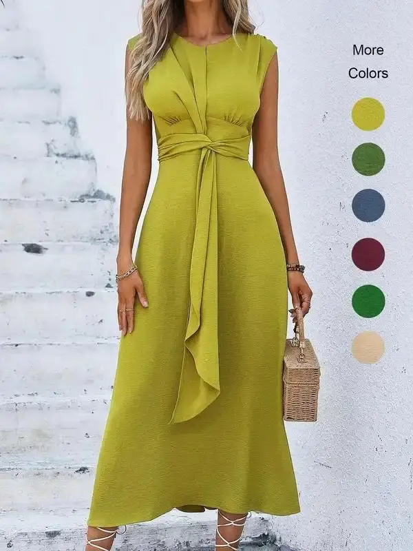 Women's Plain Twist Ribbon Tank Dress, Wedding Guest Dress, Sleeveless Round Neck Midi Dress for Summer, Ladies Maxi Dress, Summer Clothes for Beach Holiday Sundress for Women, Long Dresses, Wedding Dress, Dresses for Women