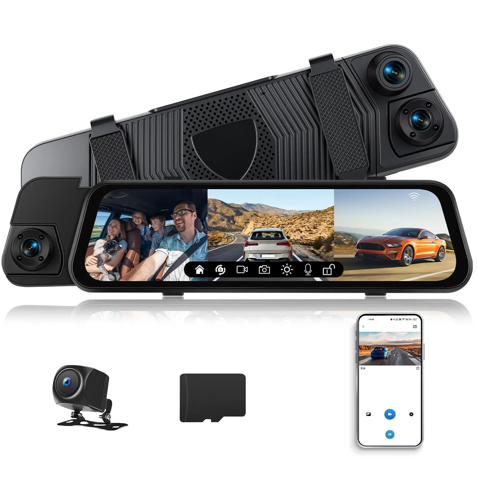 9.66in 3-Channel Car Rearview Mirror Dashcam for Cars, 1080p High-Resolution Camera with Front/Rear/Inside Views, Night Vision, G-Sensor, Parking Aid, 24H Parking Monitor, Waterproof Backup Camera, Wi-Fi App Control (Father's Day Gift), Dashcams For Cars