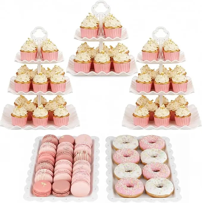 5 Piece Cake Stand Set with 2 x 3-Tier Cupcake Stands, 1 x2-Tier Cupcake Stands, 2 x Appetizer Trays, for Wedding Birthday Tea Party Decorations (5, White, Square)