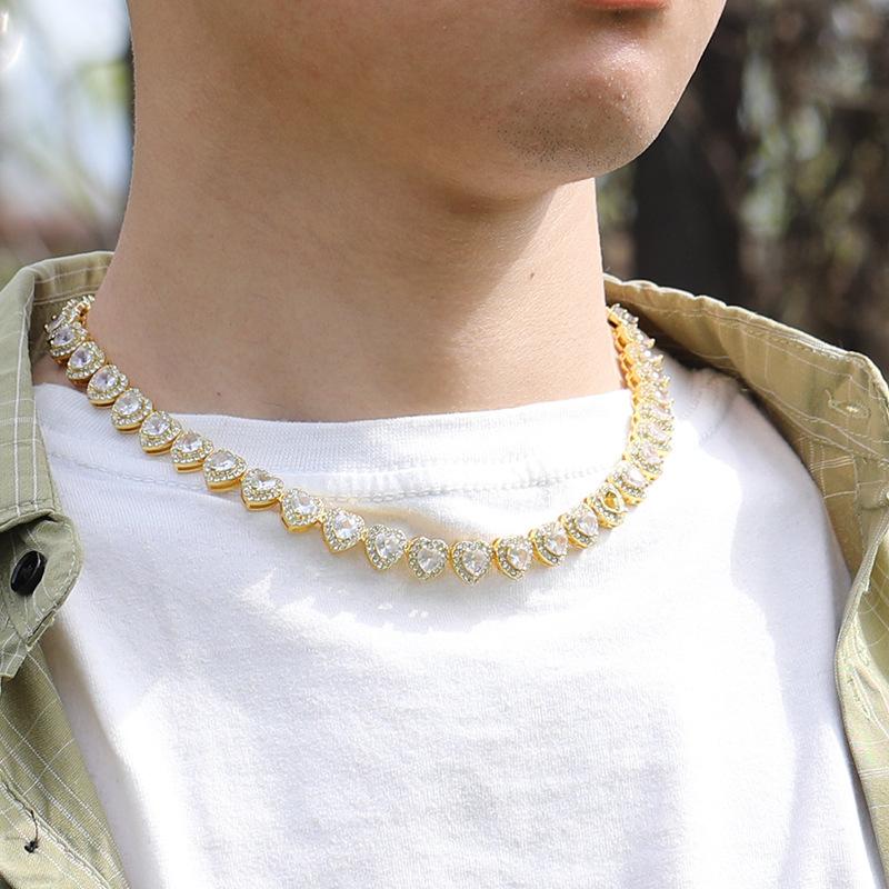 European and American New Heart-Shaped Zircon Rock Sugar Chain Punk HipHop Fashion Brand Full Diamond Cuban Chain Wholesale Foreign Trade Exclusive