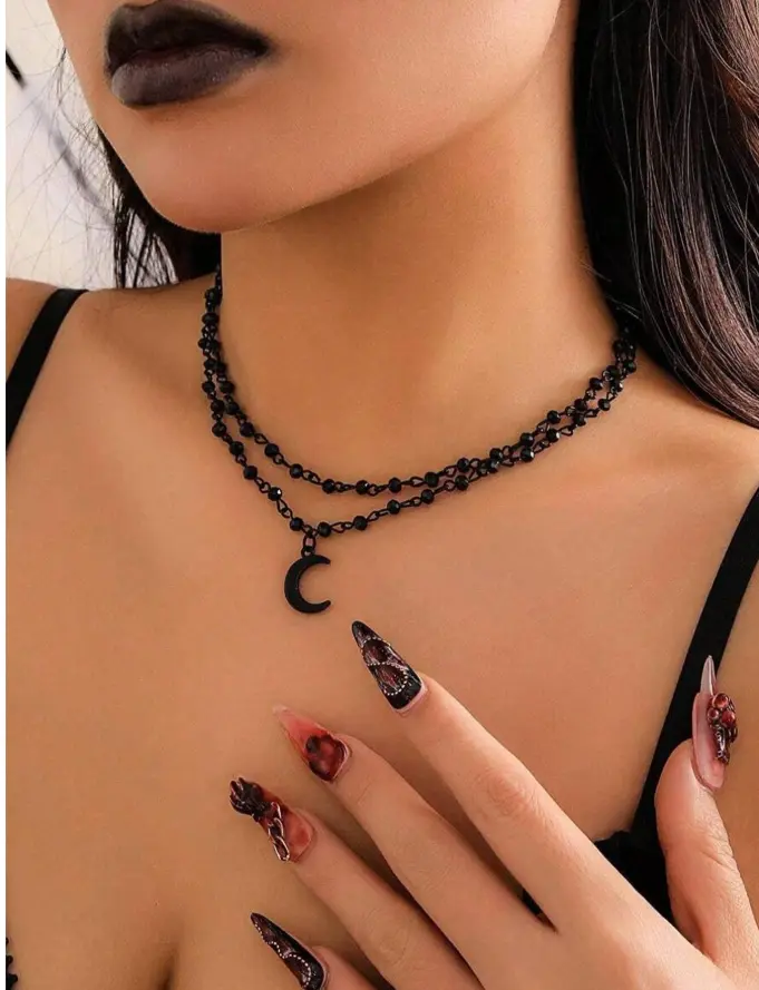 Vintage Beaded Crescent Moon Pendant Necklace, Boho Jewelry for Women