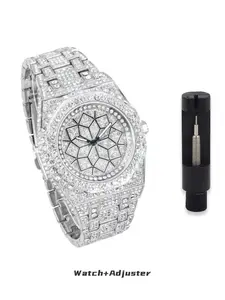 Men's Elite Iced Out Octagonal Watch - Silver Bling Hip Hop Statement Piece with Free Band Adjuster Included