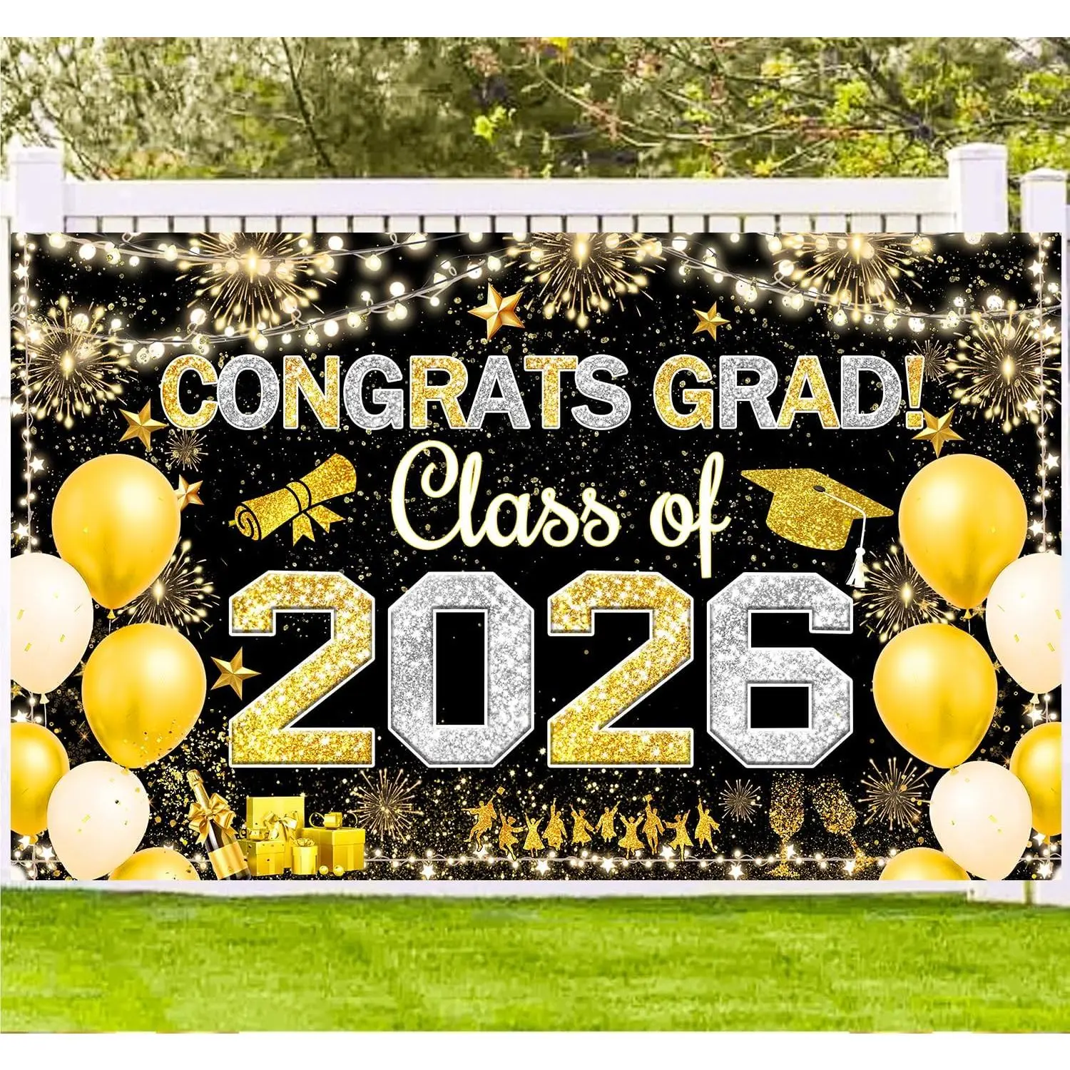 Congrats Grad Class of 2026  Banner Fabric Sign Poster Background Balloons Photo Booth Backdrop for Graduation Party Decoration