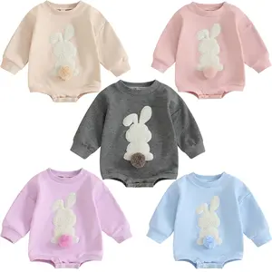 Infant Baby Girl Boy Easter Outfit Cute Bunny Tail Sweatshirts Bubble Romper Pom Pom Onesie Easter Toddler Clothes