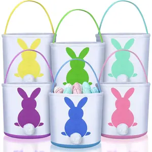 6 count Easter Bunny Basket Bags Canvas  Bucket Tote for Easter Egg  Candy Gifts Storage