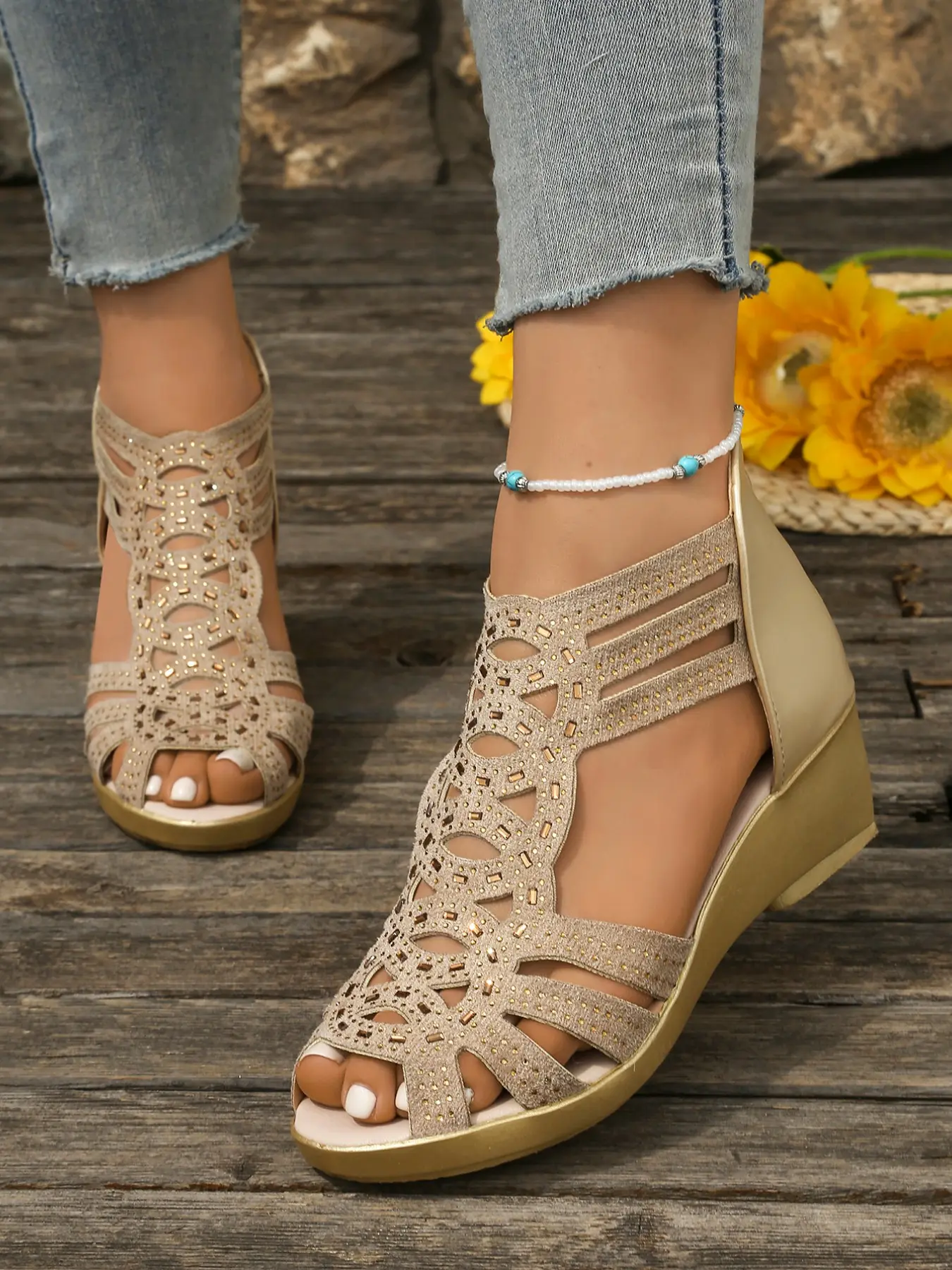 Women's Comfortable Versatile Wedge Heeled Shoes, Stylish Footwear, Lightweight Soft Sole Mid Heel Single Shoe, Fashion Trendy Elegant Large Size Sandals, Classy Mom Shoes