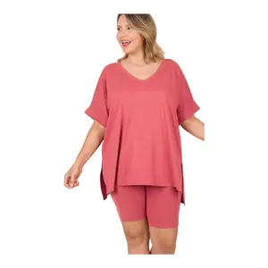 Zenana Microfiber Biker Set Plus Size Breathable Womenswear Clothing Short Spandex Comfort Lt Rose Batwing Basic Suits Minimalist Fitted