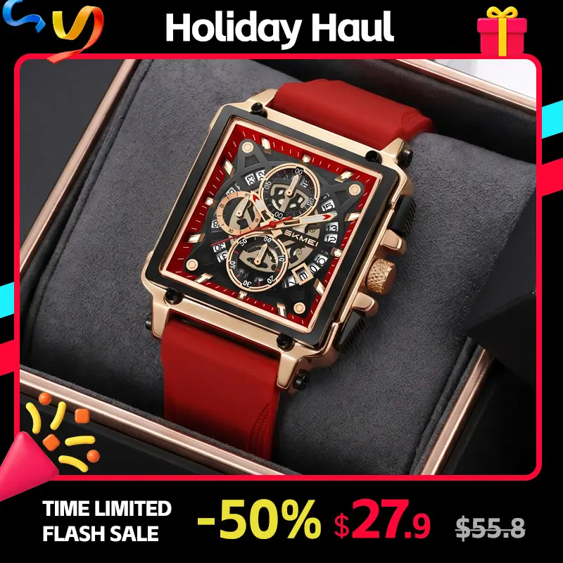SKMEI Men's Rectangle Cyberpunk Style Analog Quartz Watch - Fashionable Casual Trendy Wristwatch with Rose Gold Details, Green Silicone Strap, 30M Water Resistance, Fashionable Watch